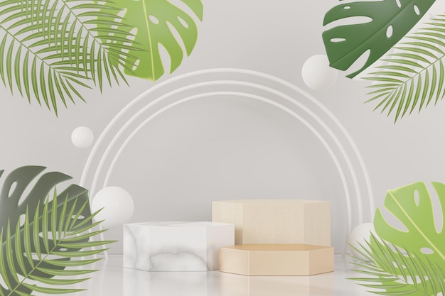3D render van abstracte voetstuk podium display met tropische Monstera bladeren. Product- en promotieconcept voor reclame. Groene natuurlijke achtergrond.