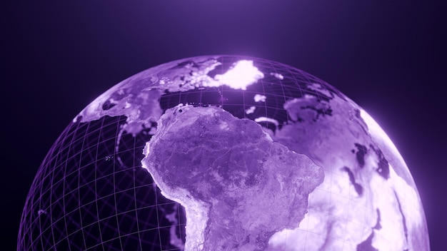 Foto 3d render van amerika globe kaart technologie en futuristische paarse lijn gloeiende aarde achtergrond