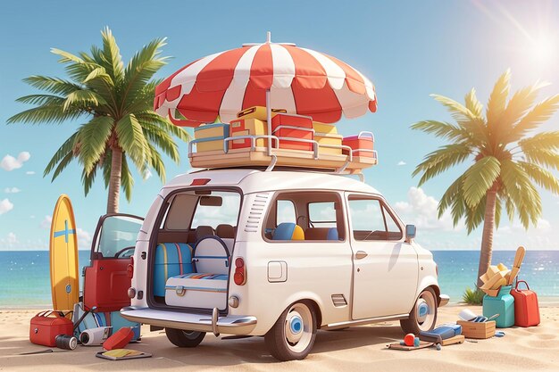 3d render van auto reist met strand accessoires zomer concept