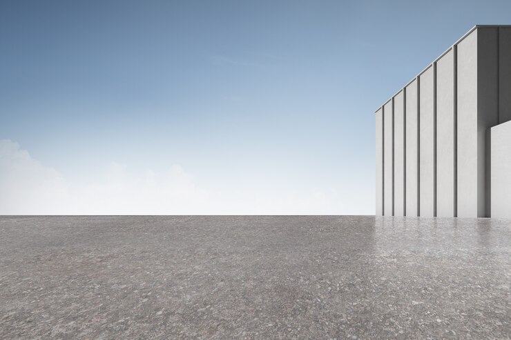 3D render van betonblok, bouwvorm met lege cementvloer.