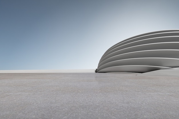3D render van betonnen architectuur met parkeerplaats, lege cementvloer.