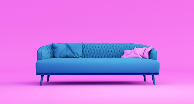 3D render van blauwe design bank geïsoleerd op roze background