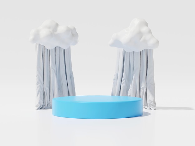 3D render van blauwe geometrie showcase podium en zwevende wolk met wit gordijn voor productpresentatie