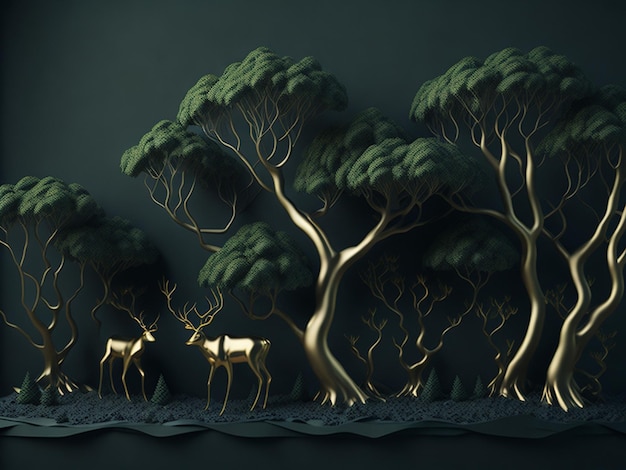 3D render van bos met herten en zwarte bomen op donkere achtergrond Digitale kunst voor wanddecor