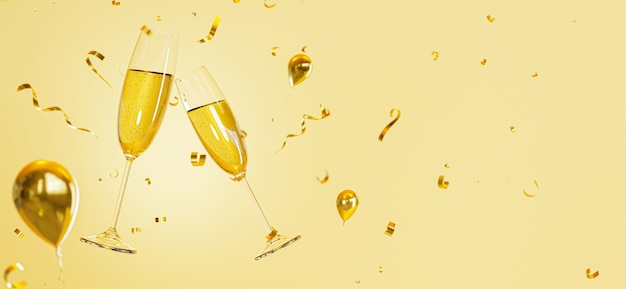 3D render van champagne twee glazen drijvend op gouden achtergrond, kerst- en nieuwjaarsvakantie