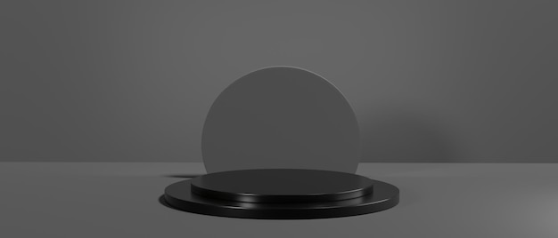 3D render van cilinderpodium met zwarte kleur op donkere achtergrondplatform voor banner minimaal podium