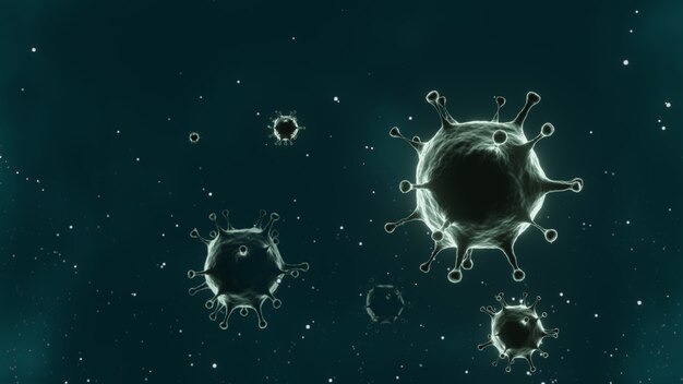 3d render van covid-19. conceptueel van pandemisch epidemisch virus voor onderzoek naar medische gezondheidsvaccins. microscopische vergroting van het groene corona-virus, 2019-ncov