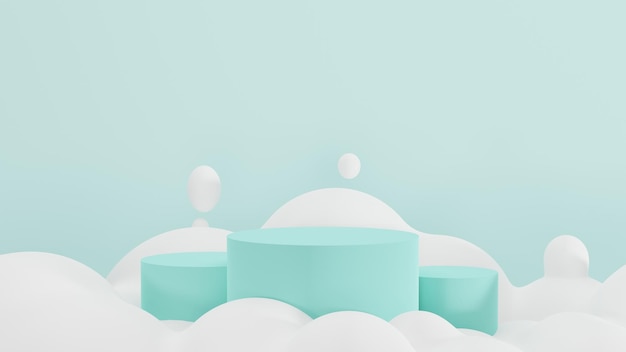 3D Render van Cyaan Product Podium met Lowpoly Clouds