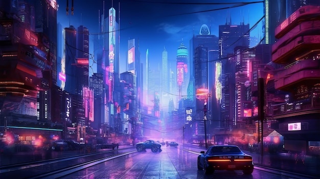 3D render van Cyber nacht mega stad landschap scène Generatieve ai