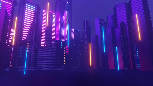 3d render van cyber night mega city landschapsscène licht gloeien en reflectie op donkere tech scene nachtleven technologienetwerk voor 5g beyond futuristisch van scifi hoofdstad en bouwscène