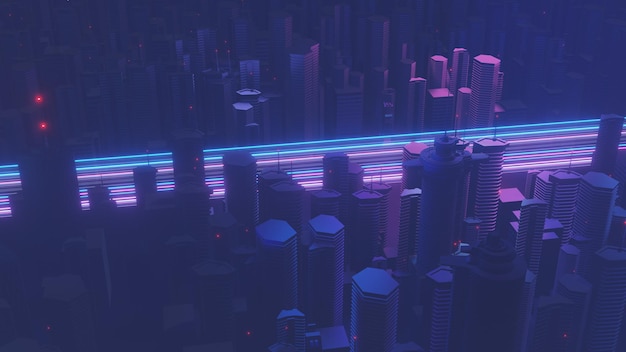 3D render van Cyber night mega city landschapsscène Licht gloeien en reflectie op donkere tech scene Nachtleven Technologienetwerk voor 5g Beyond futuristisch van SciFi Hoofdstad en bouwscène