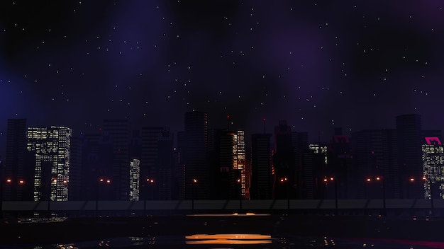 3D render van Cyber punk nacht stadslandschap concept Licht gloeit op donkere scène Nachtleven Technologie netwerk voor 5g Voorbij generatie en futuristisch van SciFi hoofdstad en bouwscène