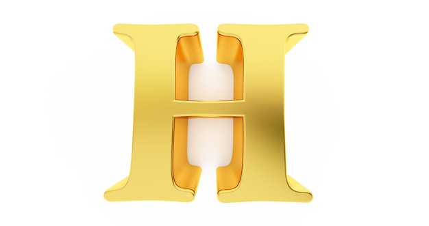 3D render van de letter H in goud metaal geïsoleerd op een witte achtergrond.