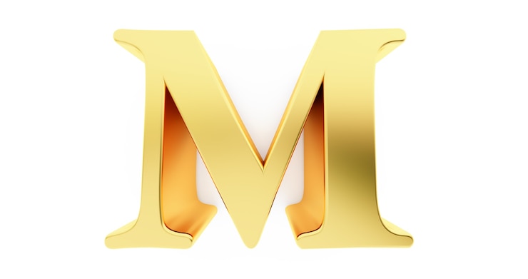 Foto 3d render van de letter m in goud metaal geïsoleerd op een witte achtergrond.