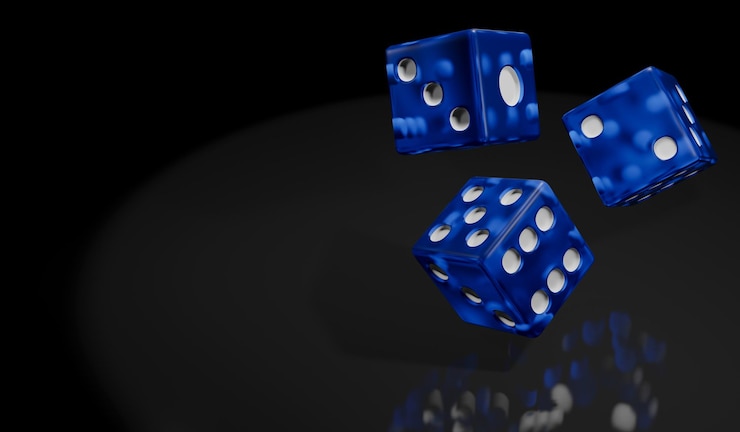 3D Render van dobbelstenen op zwarte achtergrond Een gewone dobbelsteen De som van de getallen op tegenoverliggende zijden is 7