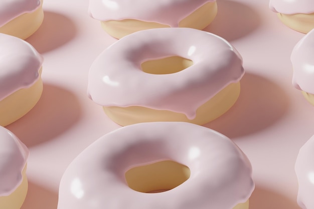 3D render van donut patroon banner met pastel roze glazuur op een roze achtergrond