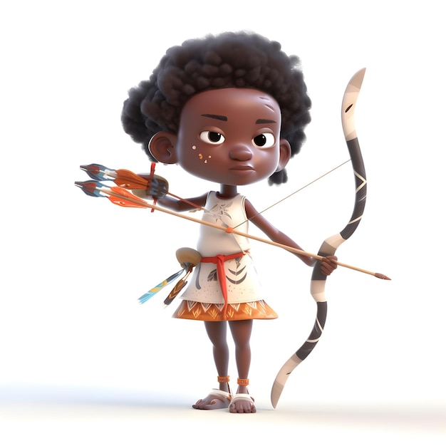 3D render van een Afrikaans Amerikaans meisje met pijl en boog