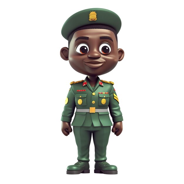 3D render van een Afro-Amerikaanse kleine jongen met legergroen uniform