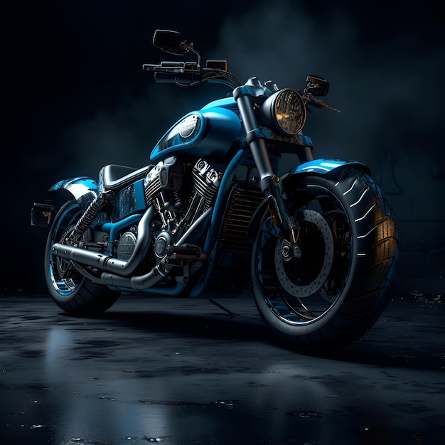 3D render van een blauwe chopper motorfiets op een donkere achtergrond