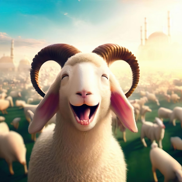 3D Render van een blij schaap dat Eid Al Adha feest viert