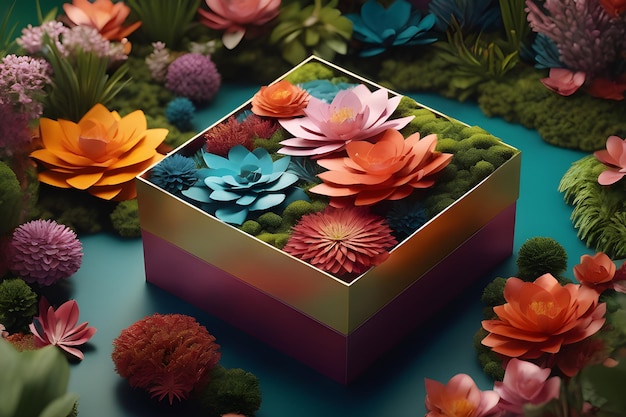 3D render van een doos met vetplanten en andere bloemen