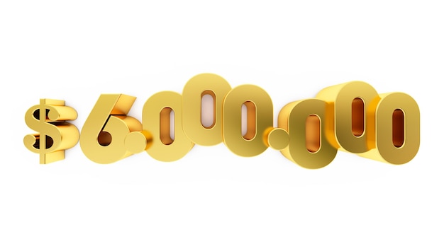 3D render van een gouden zes miljoen (6000000) dollar. 6 miljoen dollar, 6 miljoen dollar