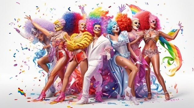 3D render van een groep vrouwen in kleurrijke carnavalskostuums met confetti