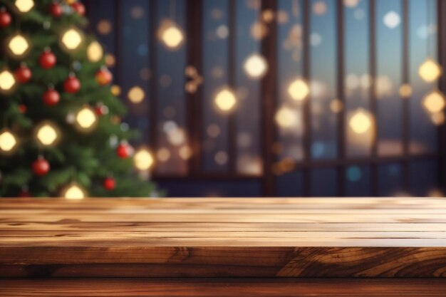 3D render van een houten tafel tegen een intreepupil kerstboomachtergrond