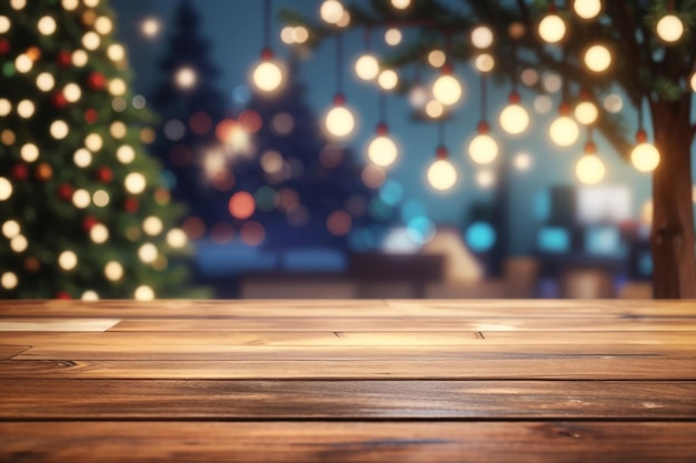 3D render van een houten tafel tegen een intreepupil kerstboomachtergrond