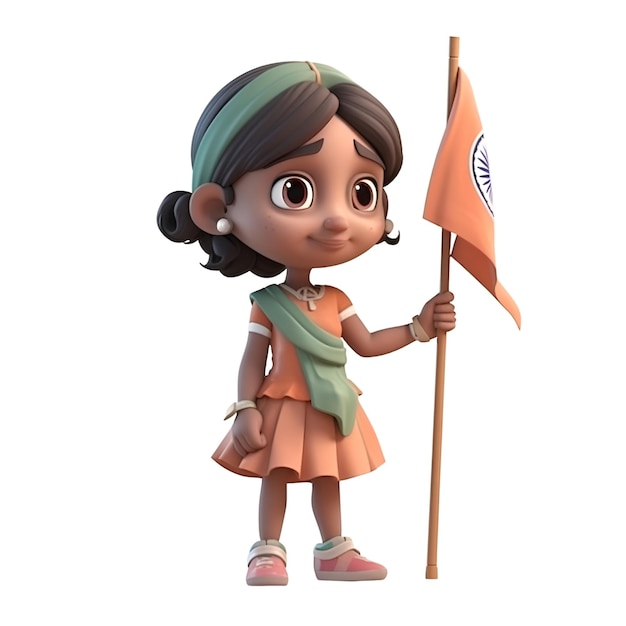 3D render van een klein Indiaas meisje met Indiase vlag op witte achtergrond