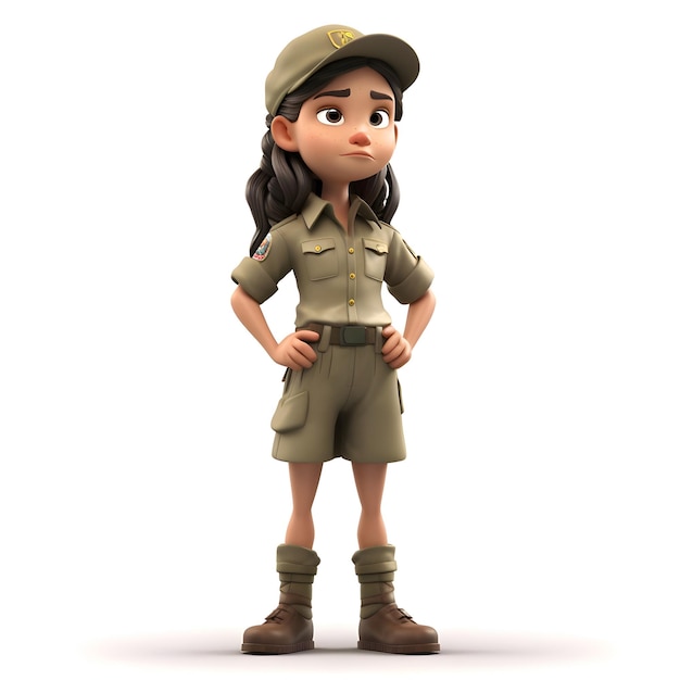 Foto 3d render van een klein meisje in legeruniform met gekruiste armen