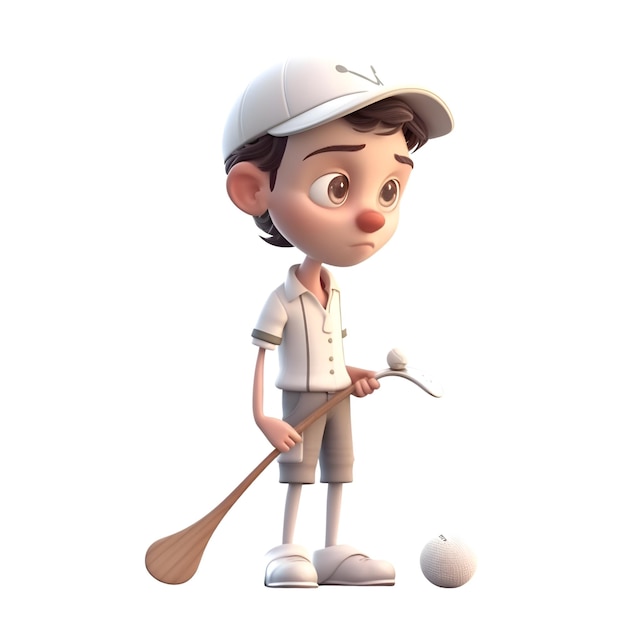 3D render van een kleine jongen met een peddel en een golfbal