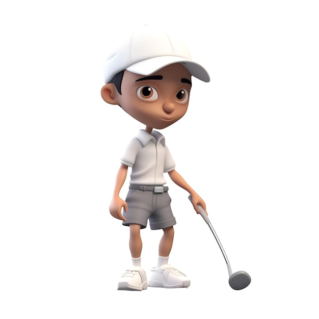 3D render van een kleine jongen met golfclub op witte achtergrond