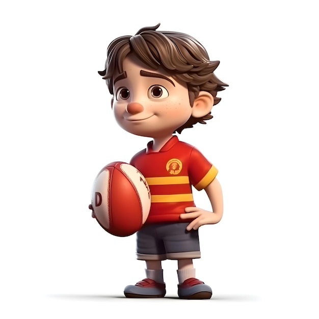 3D render van een kleine jongen met rugbybal op witte achtergrond