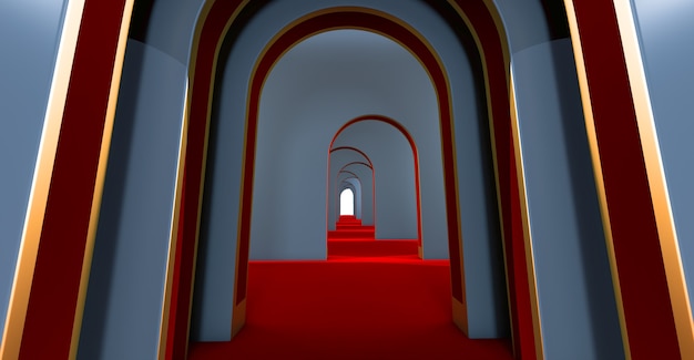 3D render van een lange tunnel met bogen