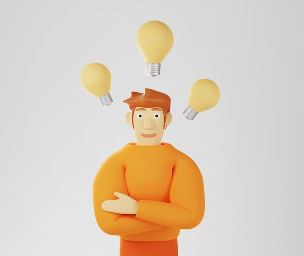 3D render van een man in een oranje trui met drie gloeilampen om hem heen als ideeën op een witte achtergrond