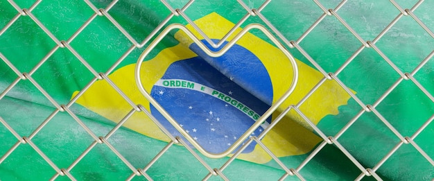 3D render van een oude Braziliaanse vlag achter stalen gaasdraadomheining de vlag van Brazilië met een hart in het midden