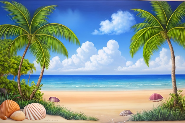 3D render van een tropisch landschap met palmbomen en blauwe zee