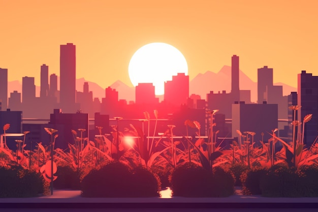 Foto 3d render van een zomerse zonsondergang stadsgezicht