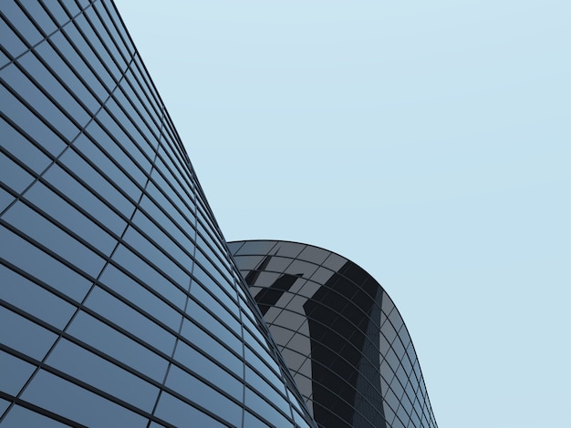 3D render van futuristische architectuur, wolkenkrabber gebouw met gebogen glazen raam.
