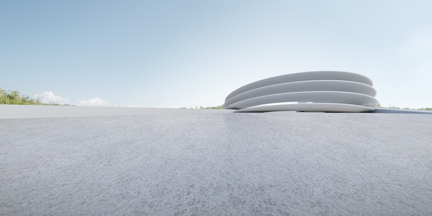 3D render van futuristische betonnen architectuur met parkeerplaats, lege cementvloer.