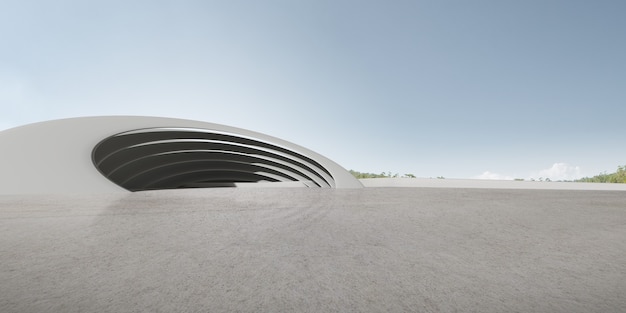 3D render van futuristische betonnen architectuur met parkeerplaats, lege cementvloer.
