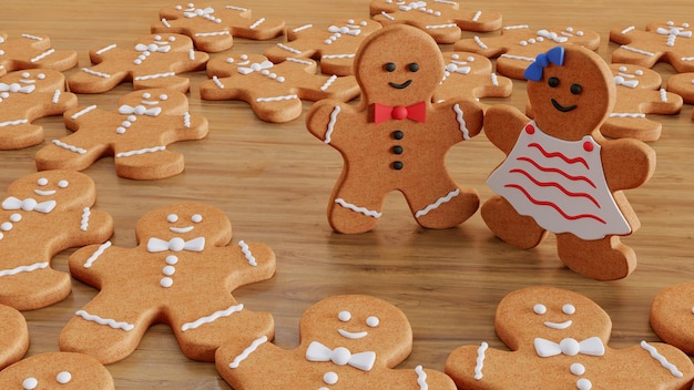 3D render van gemberkoekjes op houten achtergrond Kerst peperkoekkoekjes