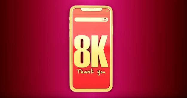 3D render van gouden 8k-nummers boven een smartphone. Bedankt 8k sociale media-supporters.