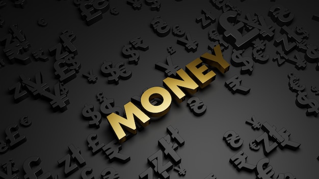 3D render van gouden geld tekst met valutasymbolen