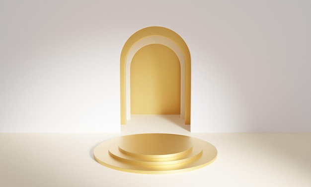 3d render van gouden geometrisch podium met boogdeur