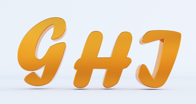 3D render van gouden GHJ Letters geïsoleerd op een witte achtergrond, onderwijs concept. G, H, J