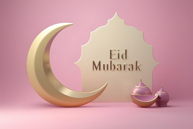 Foto 3d render van gouden halve maan met eid mubarak groeten op een pastel achtergrond