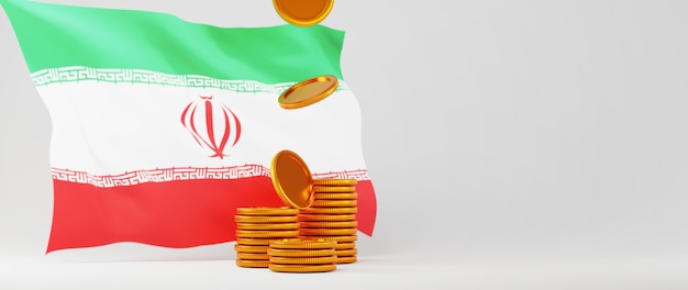 3D render van gouden munten en de vlag van Iran. Zakelijke online en e-commerce op webwinkelconcept. Veilige online betalingstransactie met smartphone.