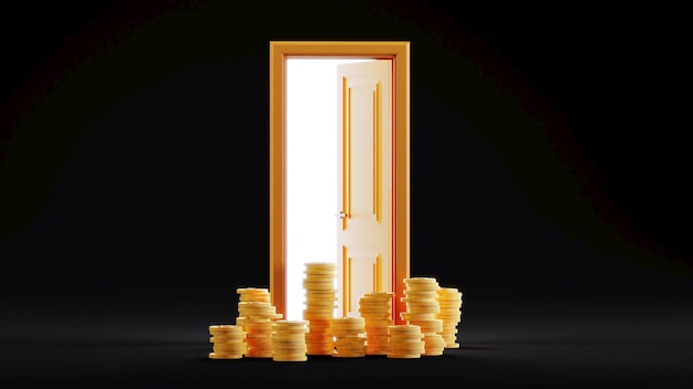 3D render van gouden munten stapel met open gouden deur op donkere achtergrond Stapel gouden munten